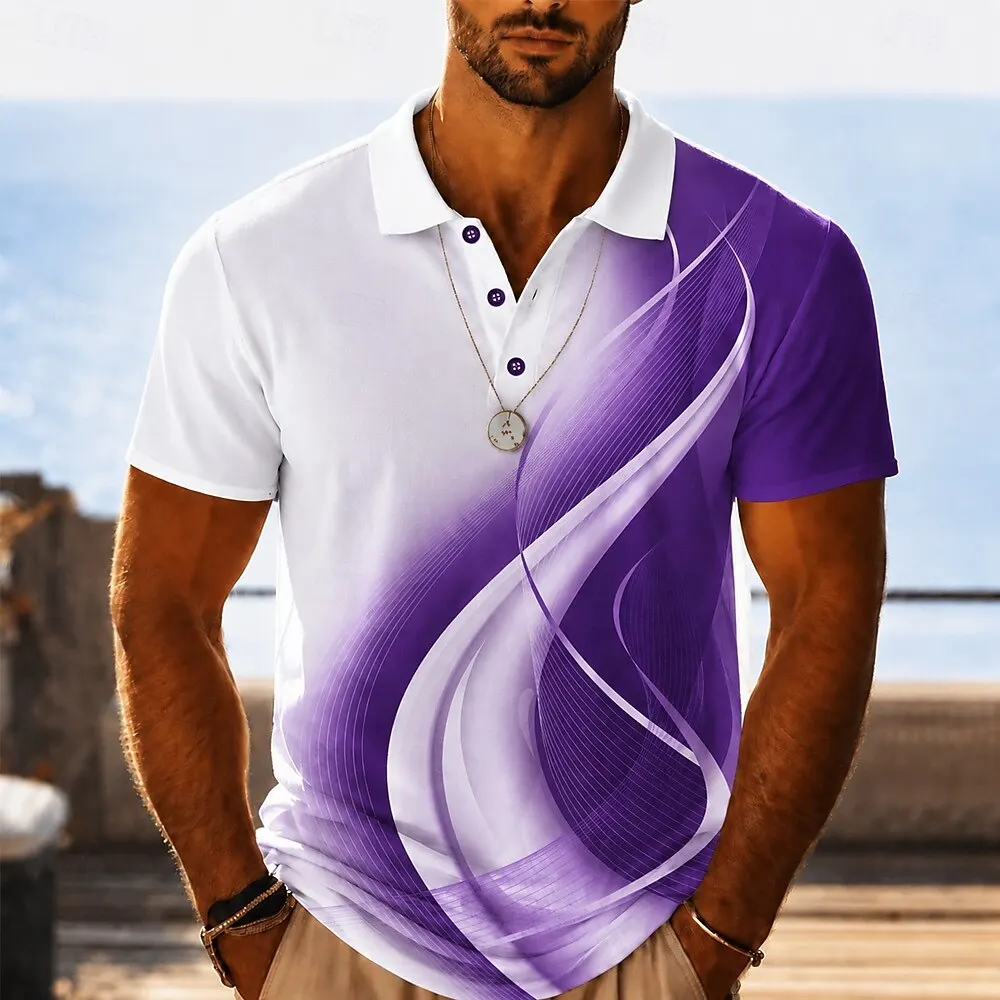 Men's Black And White Abstract Swirl Print Polo Shirt, Casual Tops For Spring Summer Daily Streetwear Smart Casual Occasions