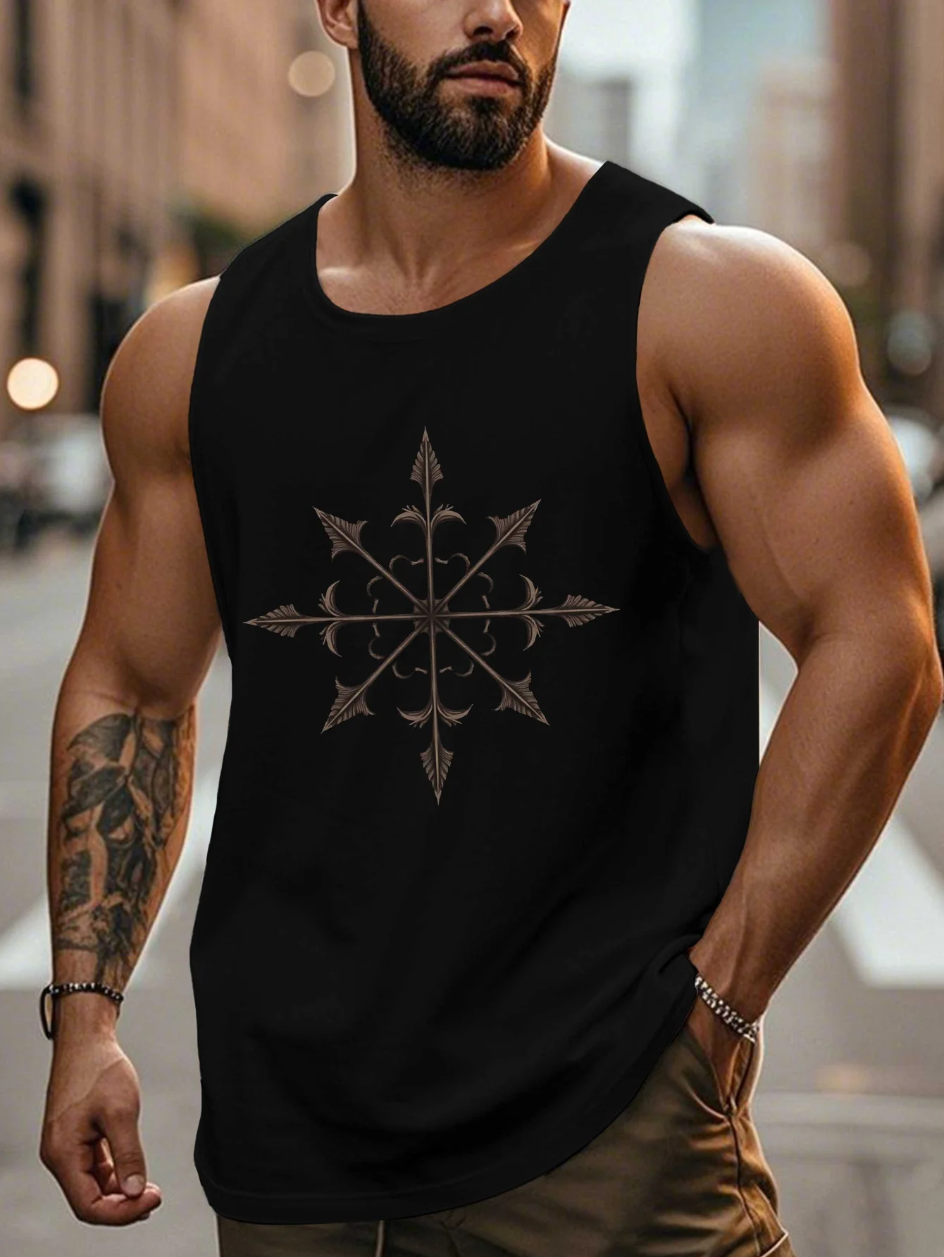 

Мужской жилет с симметричным узором в виде перекрещенных стрел, дышащий и удобный, без рукавов.