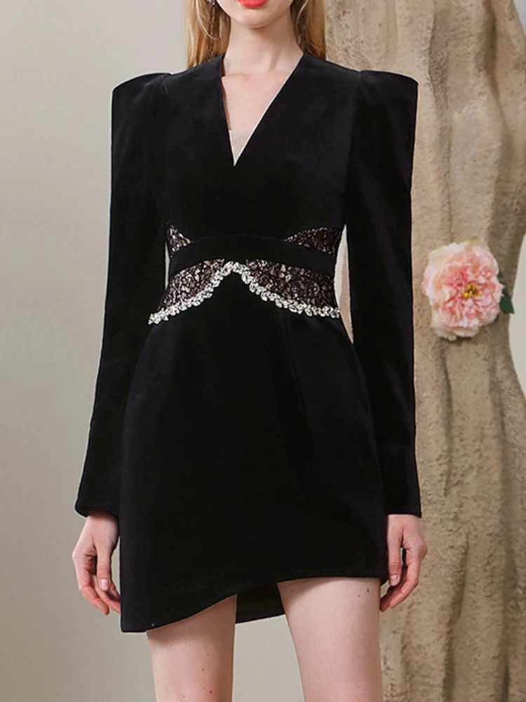 Luxury Diamond Chain Velvet Mini Dresses Spring Women Lace Patchwork V Neck Black Dress Summer High Waist Slim Irregular Dress