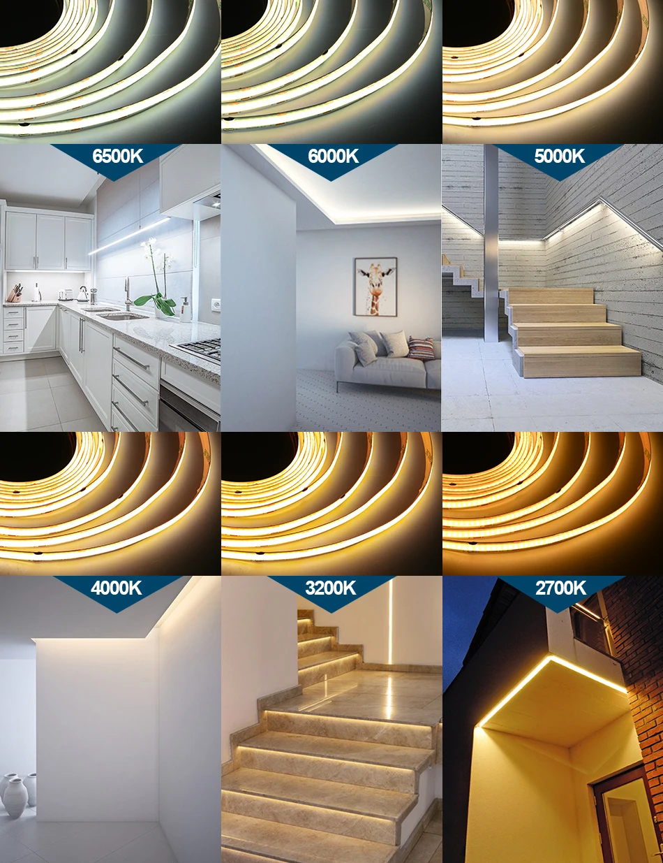 Imagem -04 - Dual Color Dimmable Led Cob Strip Fita Macia Flexível Temperatura 3000k 4000k 6000k 5m 24v 840 Leds m 2700k6500k