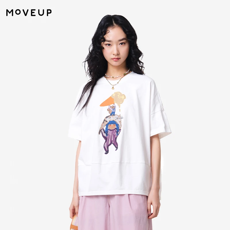MOVEUP Casual Round Neck Short Sleeved T-Shirt 2026 Summer New Drop Sleeves Fun Printed Loose Commuter Top For Women 3ELX10519