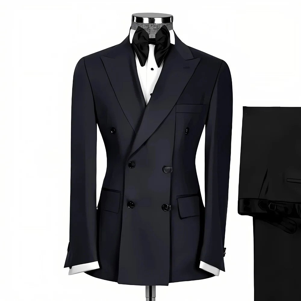 Formal black men's 2-piece suit double breasted jacket pants set, handmade custom-made tuxedo for wedding prom party concerts