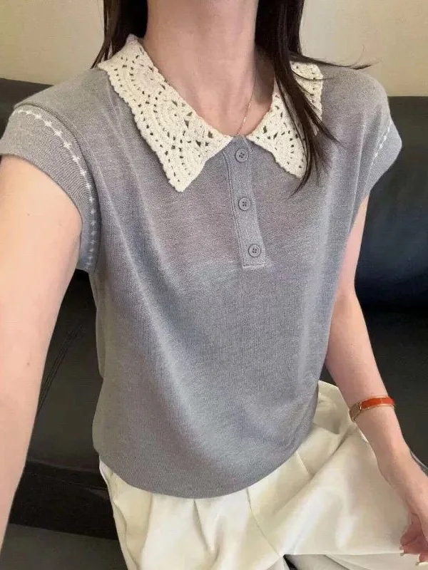 Green Knitted Sweater Hollow out Hook Flower Doll Collar Summer New Style European Versatile Slimming Fly Sleeve Top