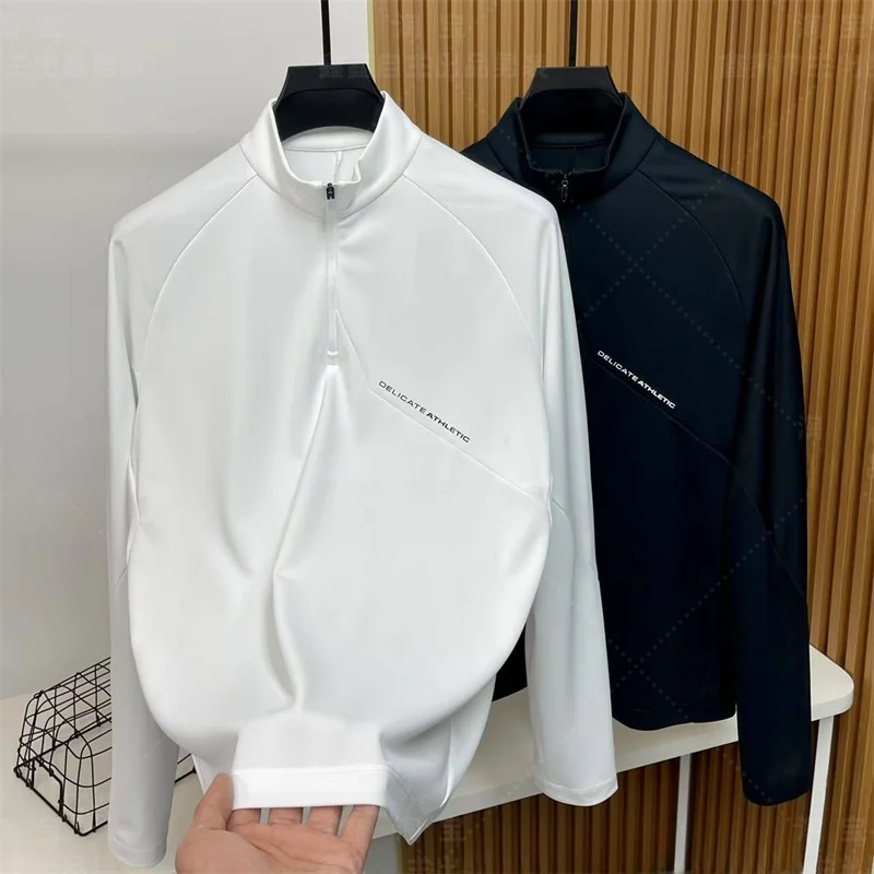 

High Quali Running Outdoor Sports Men's Long Sve Zipper Casual Stand Collar Trendy T-irt Youth ular Stand Fit