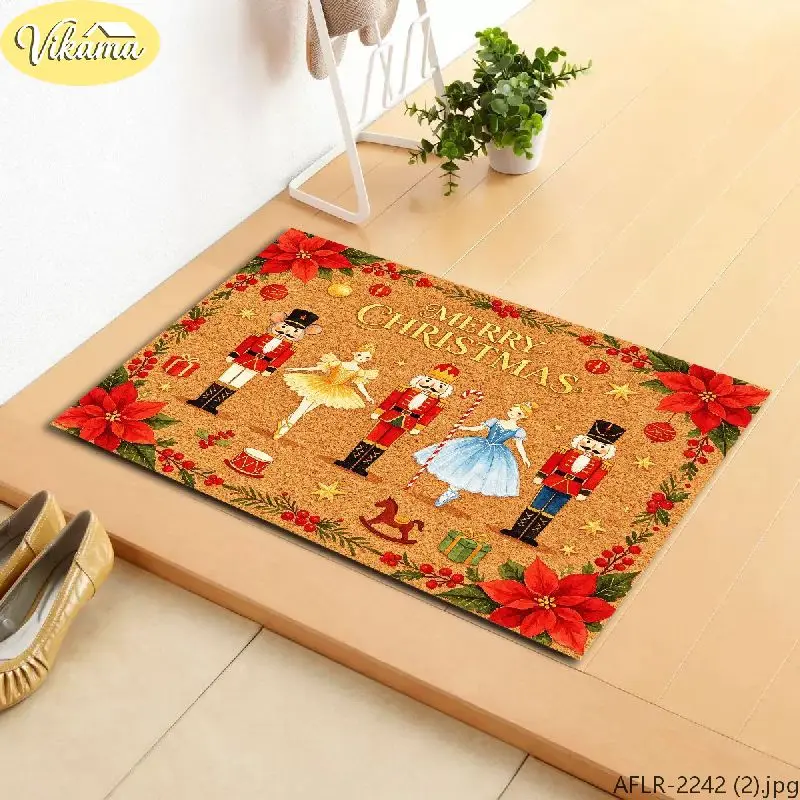 VIKAMA Christmas Doormat Nutcracker Ballerina Poinsettia Sturdy Durable Door Mat for Outdoor Entrance Christmas Decor