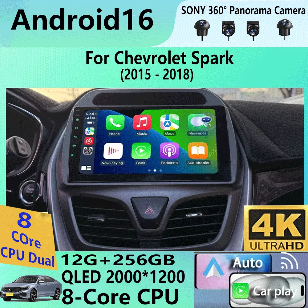 Android16 Carplay Auto WIFI+4G Car Radio For Chevrolet Spark 2015 2016 2017 2018 Multimedia GPS Player WIFI+4G Stereo Audio DSP