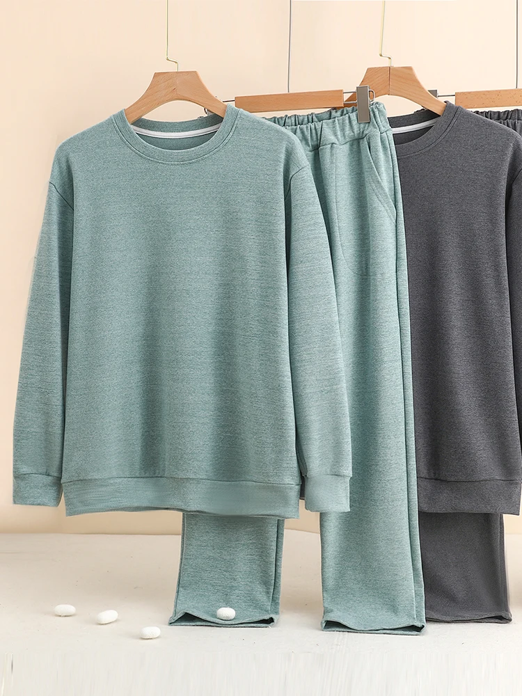 

Thiened Fce Pajamas Set for Men round Ne Long Sve Spwear Casual Home Clothes Two-Piece Suit Winter Warm Clothes