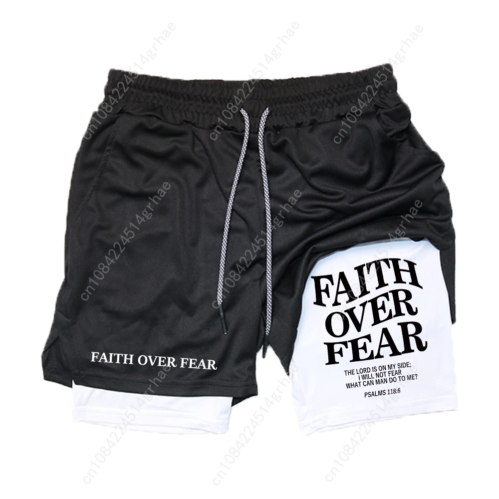 Men's Workout Running Shorts Dual Layer Summer Athletic Faith Over Fear Letter Print Shorts For Training Outdoor Sports Summer