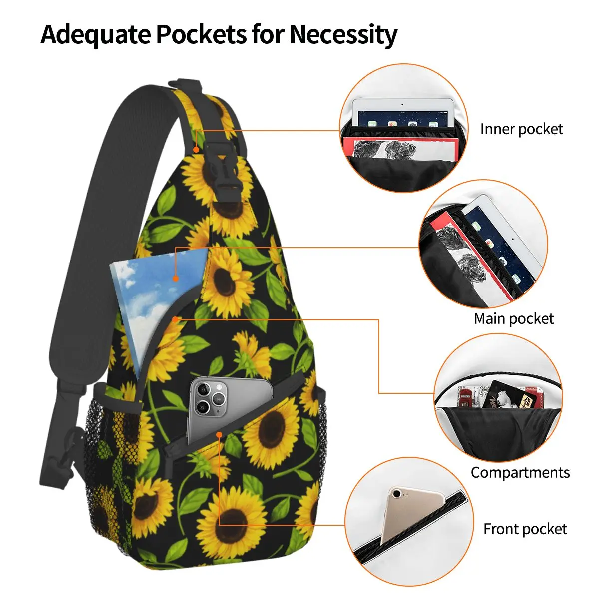 Black Sunflower Crossbody Sling Bag SmallChest Bag Artist Classic Art Shoulder Backpack Daypack Travel Hiking Cycling Satchel