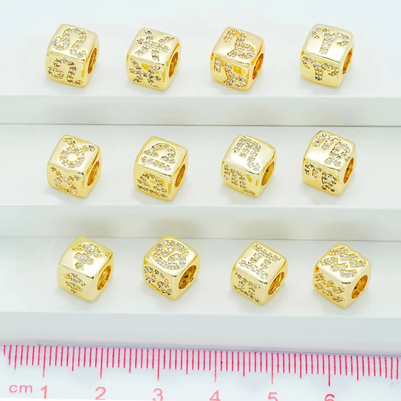 6 Pcs Brass Spacer Beads for Diy Bracelet Necklace Chain Making Zodiac Square Large Hole Jewelry Micro Inlay Zircon Accessories