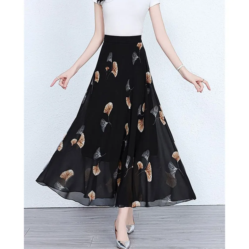 Korean Lady High Waist Chiffon Maxi Skirt Summer Femme Large Size 4XL Printing Skirts Spring Women Fashion Big Swing Long Skirts