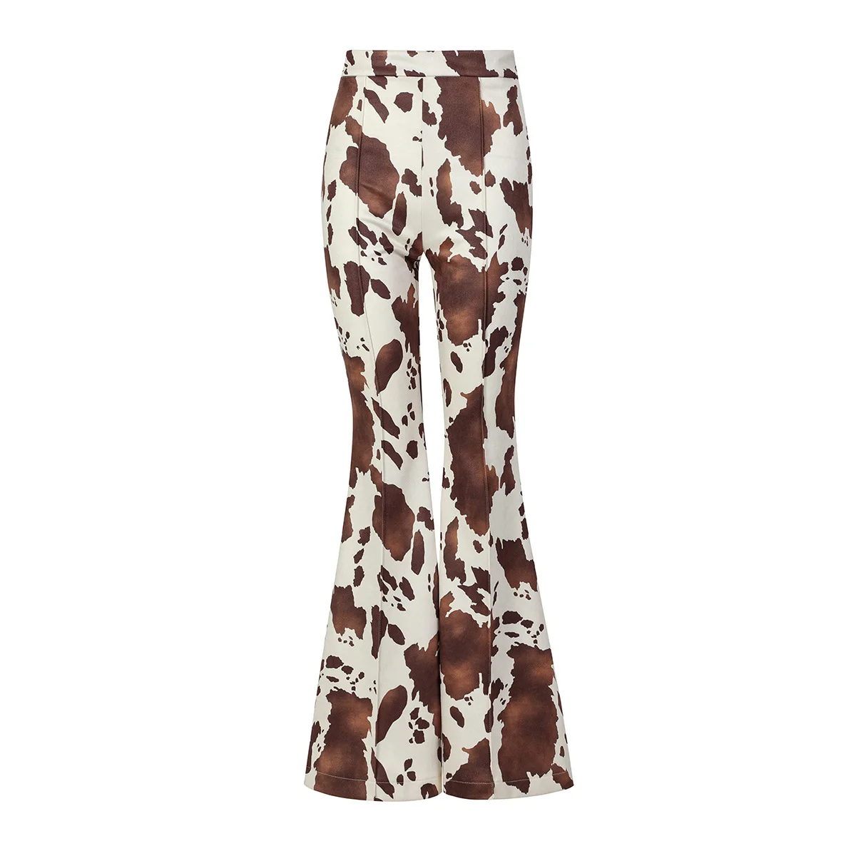 THRUM Leather 2026 New Brown Camo Print Flare Pants Women High Waist Slimming Figure Flattering American Style Trousers