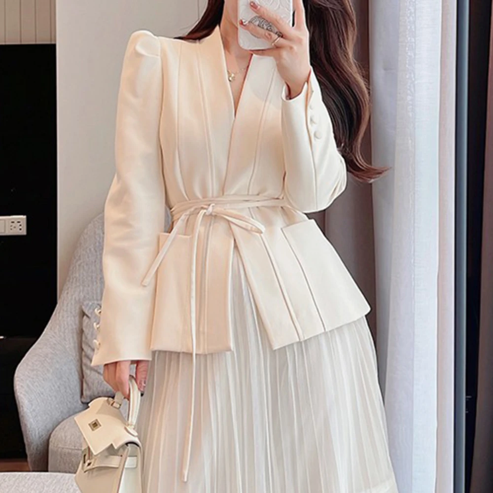 STEVDITG Women Elegant Skirt Suit Mother of The Bride Wedding Guest Dress 2-Piece V-neck Formal Clothes Lace-Up Blazer Sleeves