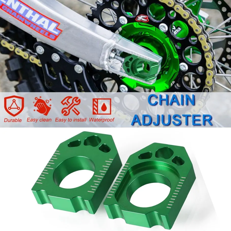 

For KAWASAKI KX125 250 2003-08 KX250F KXF 250 04-16 KX450F KXF 450 06-16 KLX450R CNC dirt bike Green Axle Block Chain Adjuster