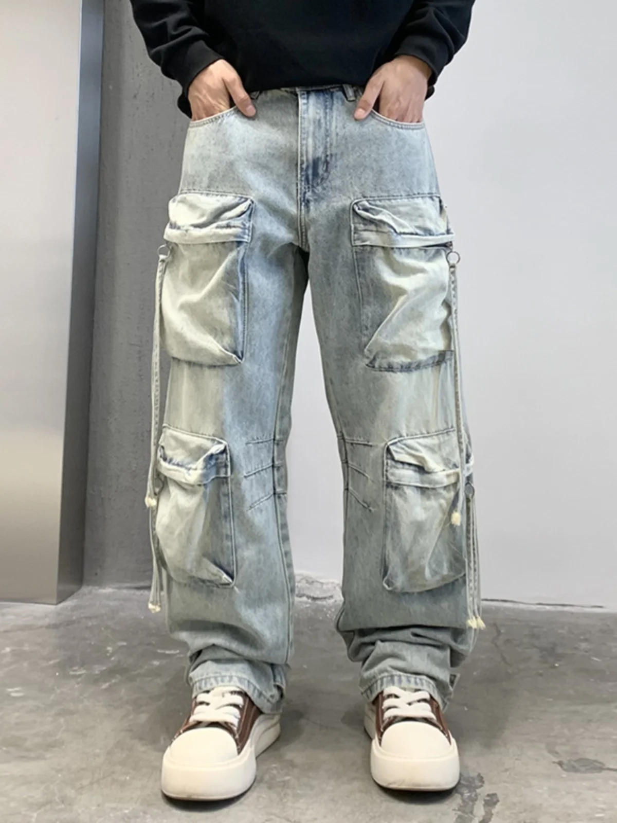 American Heavy Duty Washed Multi Pocket Workwear Jeans Men Loose Straight Leg Wide Leg Casual Versatile Long Pants