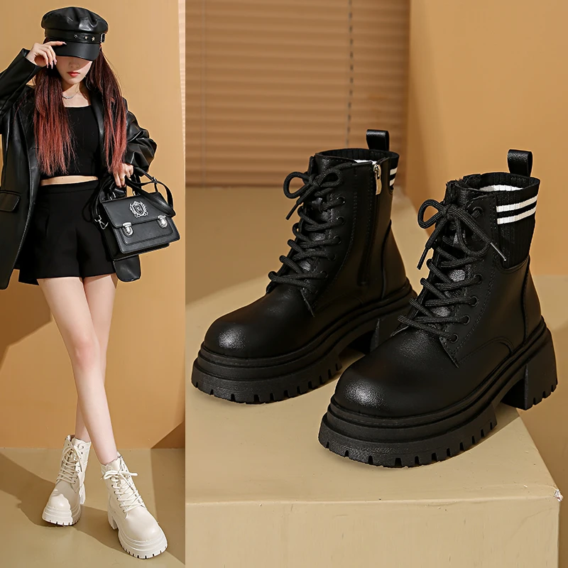 

Модные женские ботинки, новинка 2023 года, зимние теплые женские ботильоны на высоком каблуке в британском стиле на толстой подошве