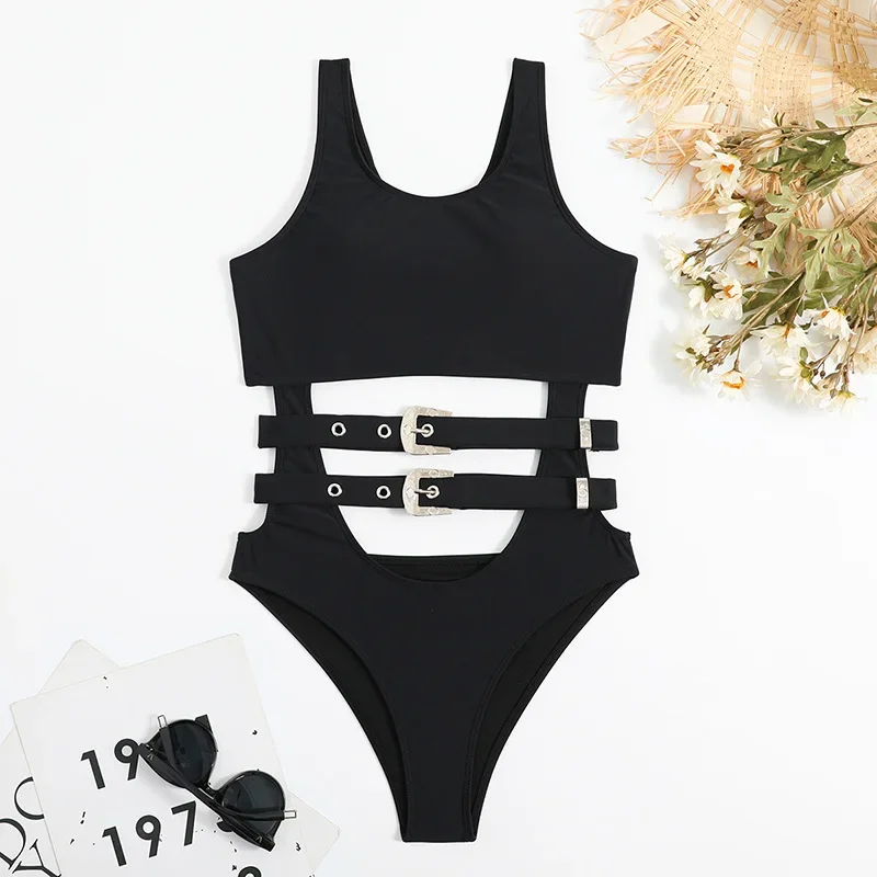 

Sexy Hollow Out Swimsuit 2025 Women Black Double Buckle Belt One Piece Swimwear Beach Backless Bathing Suit Cut-out Monokini