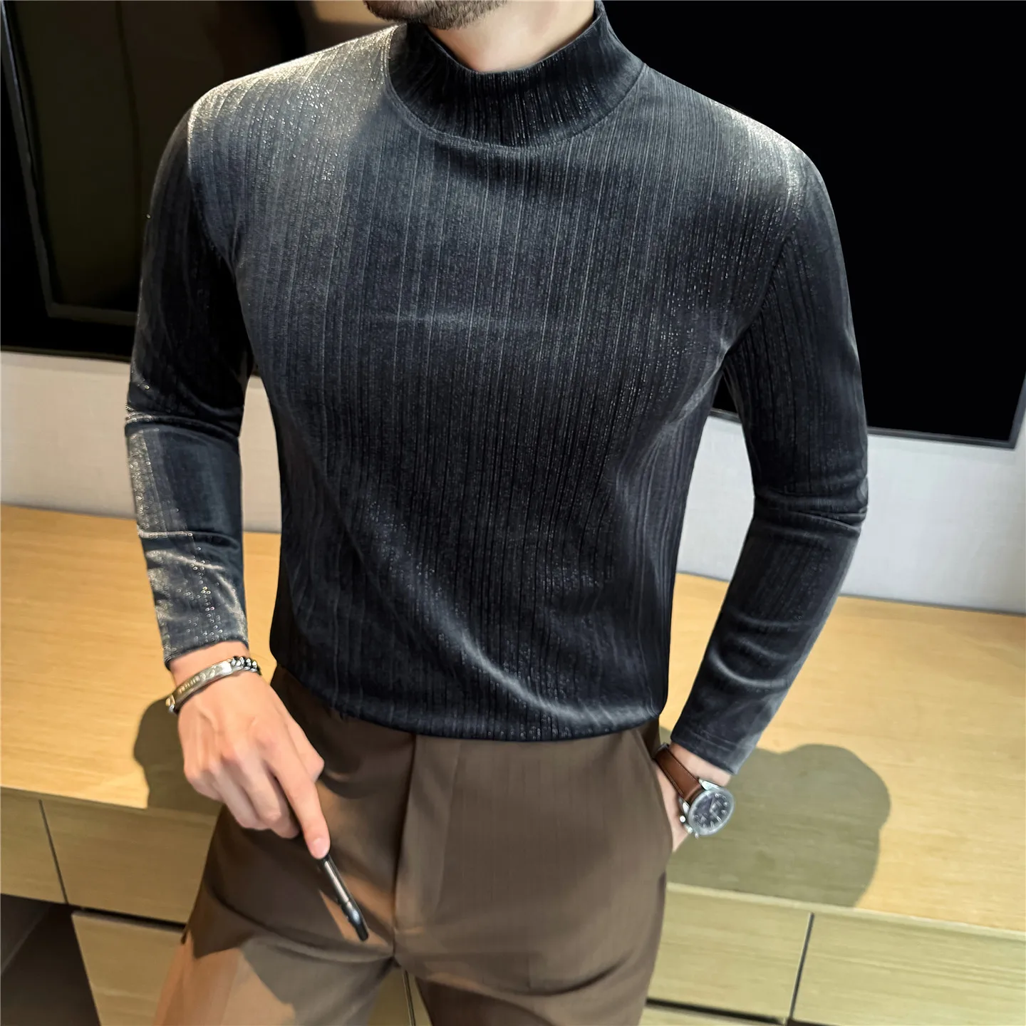 Autumn Winter New Thicken Shiny Silver Striped Velvet T-Shirt Men's Half High Neck Long Sleeved Slim Fit Casual Elastic Tee 4XL