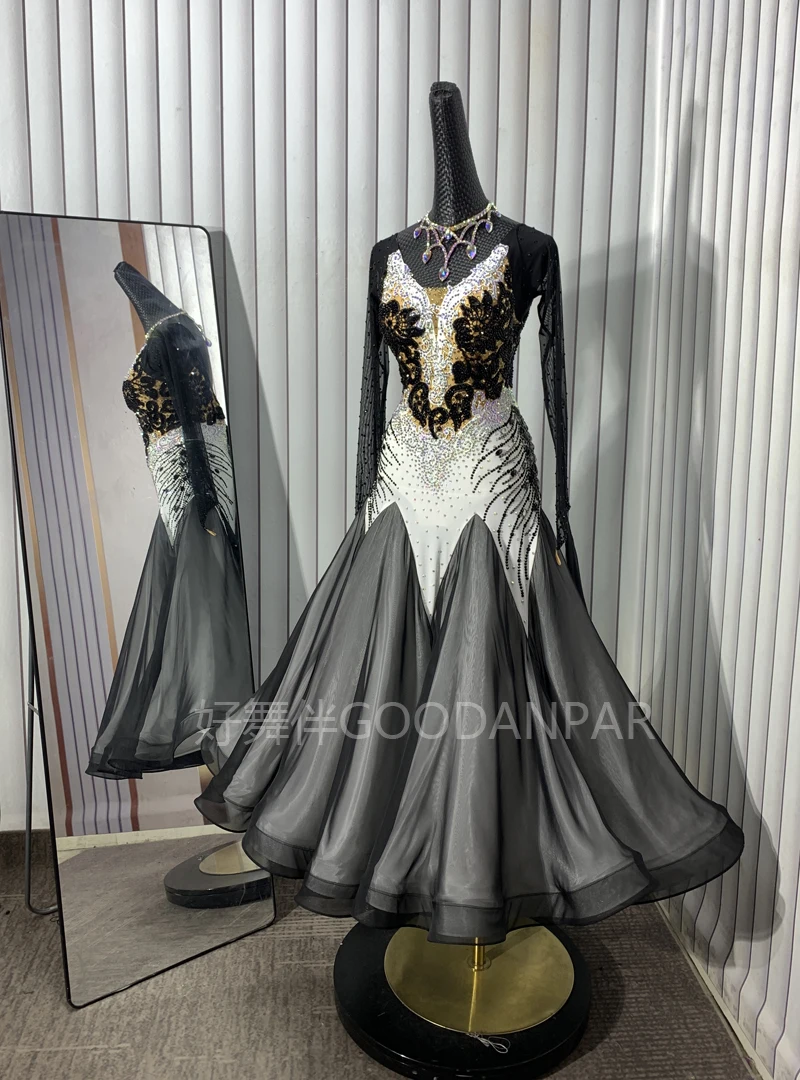 GOODANPAR Nieuwe Standaard Ballroom Dans Jurk Vrouwen Meisjes Competitie Kostuum Lycra Wals Podium lange mouw