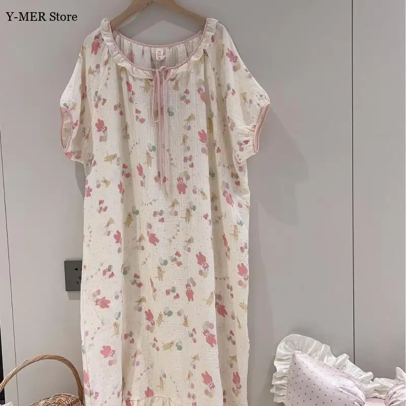 

2025 New Kawaii Print Nightgown Women Summer New Cotton Sleepwear Short Sleeve Home Dressing Gown Loose Loungewear Nightwear