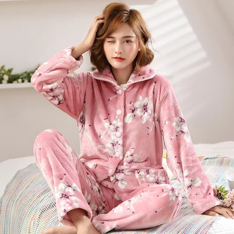 Pajama Sets Women Thicker Velvet Sleepwear Nightgown Print Full Length Turn-down Collar Keep Warm Winter Womens Korean Modern