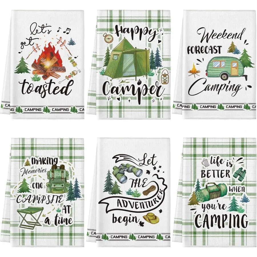 

6 Pcs Camping Kitchen Towels Bonfire Tent Car Dishcloth Outdoors Happy Camper Hand Tea Towels Decorative Set Absorbent Camping