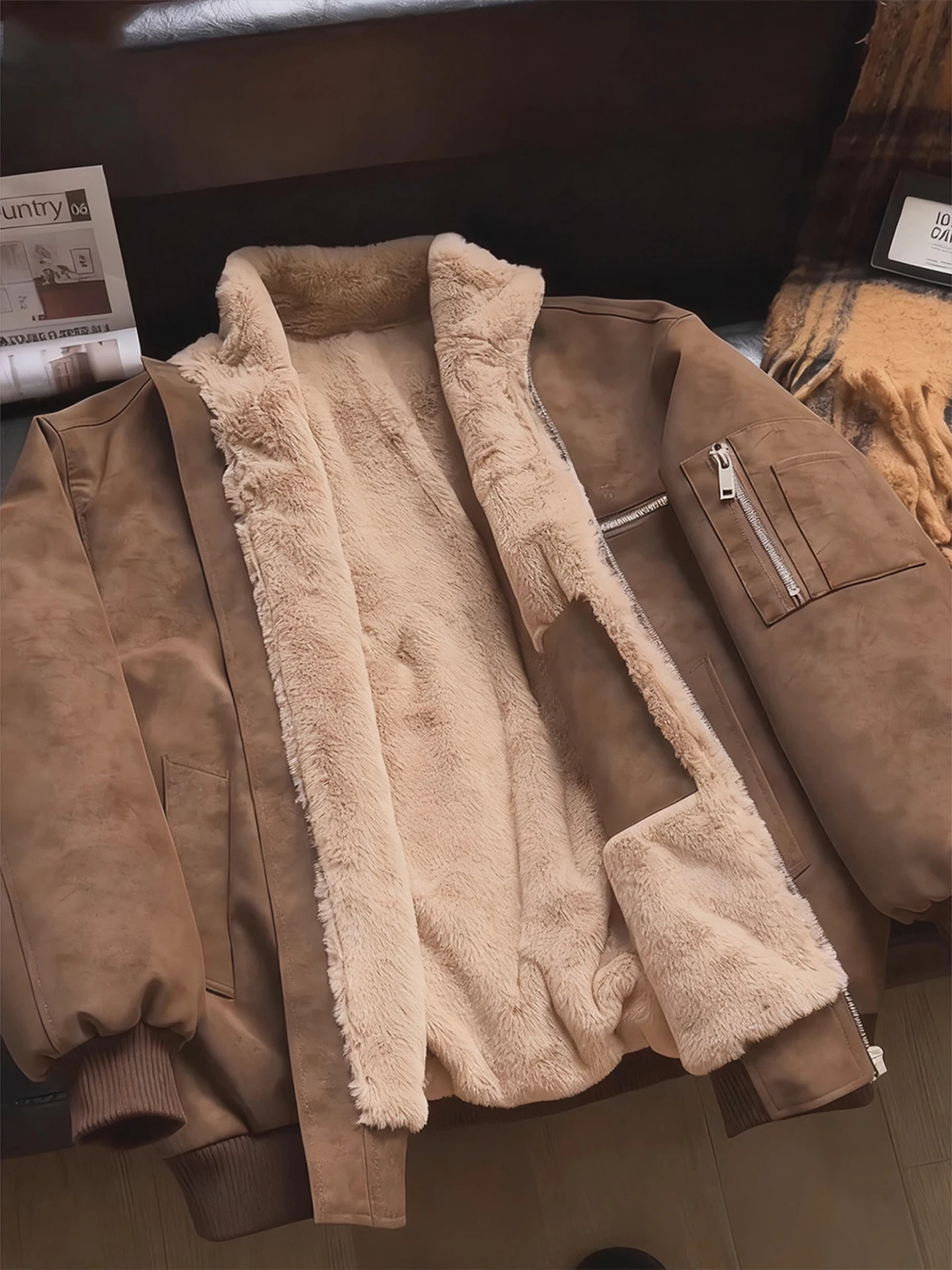 

Caramel Flight Jaet PU Leather Cotton Men's Winter Thiened Lamb Velvet Warmth Outerwear Northeast Cold Resistance Cotton ...