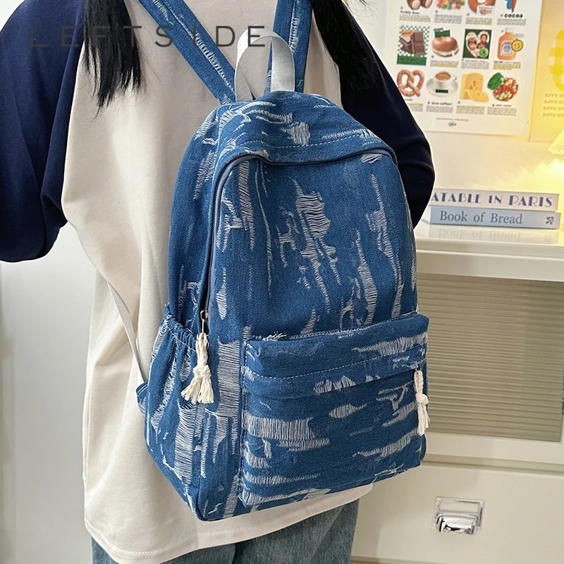 

LEFTSIDE Design Women's 2025 Summer Korean Fashion Denim Backpack Girls Back To School Bag Female High capacity Back Pack