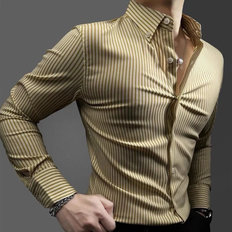 Men Clothing Korean Fashion Retro Striped Business Casual Shirt Luxury Formal Long Sleeve Slim All Match Tops Camisas De Hombre