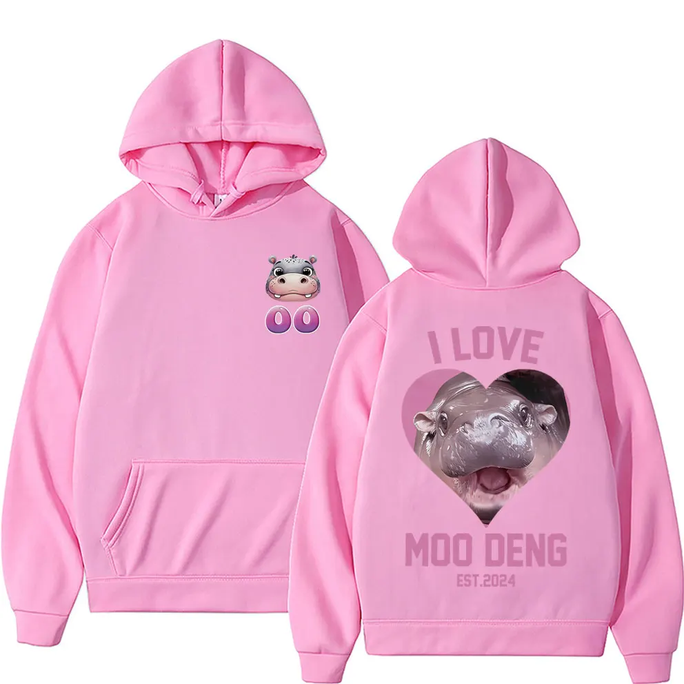 I Love Moo Deng Est 2024 Print Hoodie Baby Hippo Funny Meme Men's Women's Fleece Cotton Hoodies Men Casual Oversized Sweatshirt