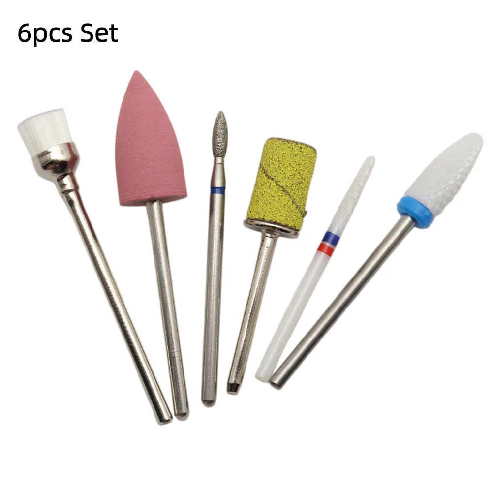 6Pcs Ceramic Silicone Nail Drill Bit Set, Cuticle Prep & Surface Cleaning E-File Bits, 2.35mm Shank Manicure Tool Set