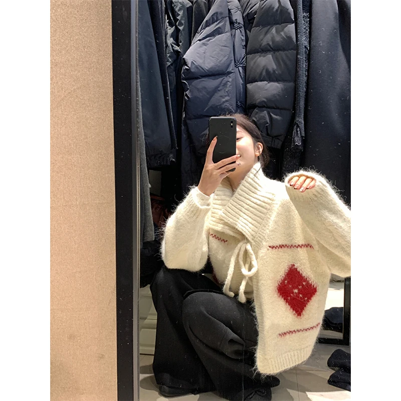 Red Argyle Knitted Cardigan Women Fashion Lace Up White Sweater Outerwears Korean Print Knitwears Winter Long Sleeve Jumpers New view 2