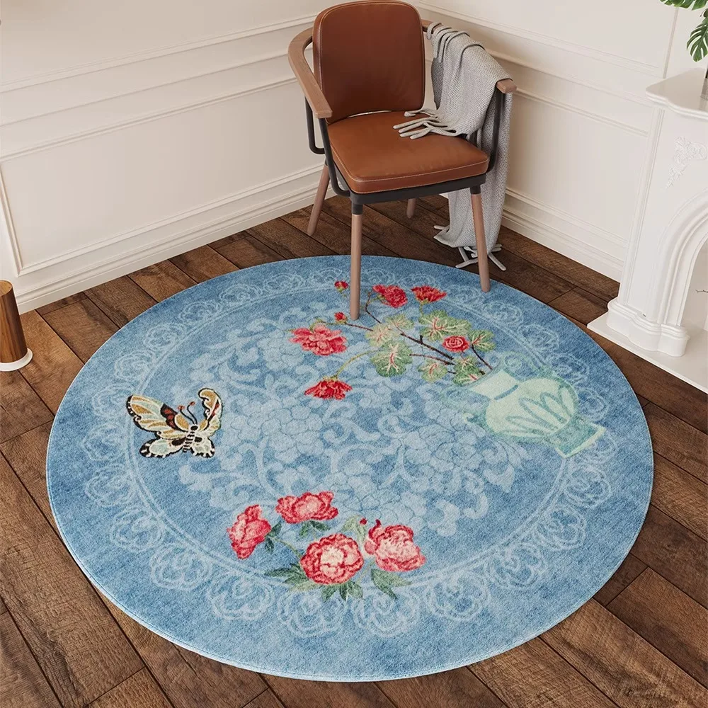 Floral Round Floor Mat - Chinese-Inspired Print Area Rug for Living Room, Cloakroom, Non-Slip Home Decor Accent