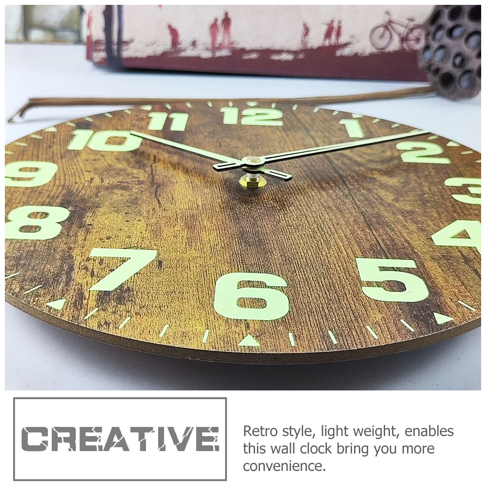 

Round Fire Pattern Retro Wood Wall Clock Mute Decorative Bedroom Clock Glows in Dark Saves Space Wooden Clocks