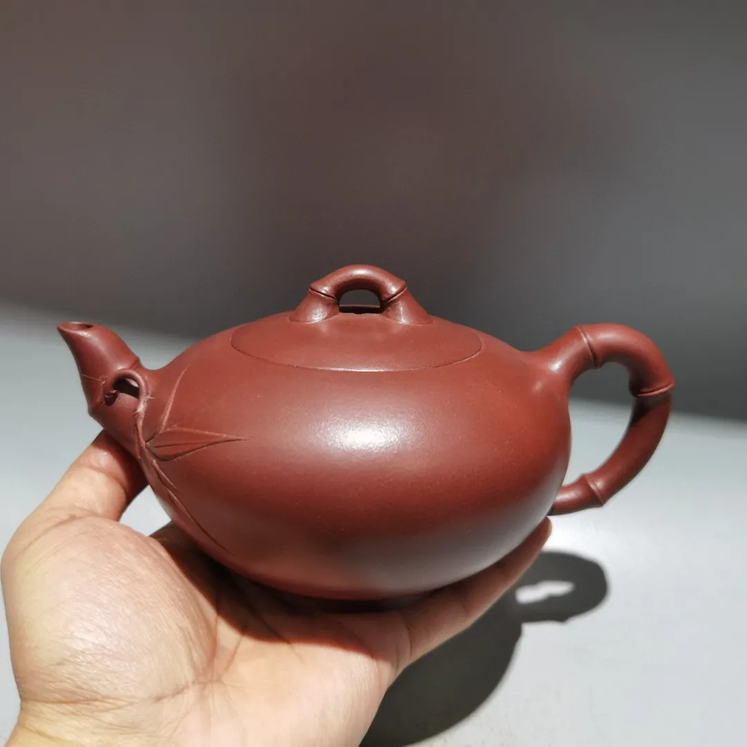 

7"Chinese Yixing Purple Clay Pot bamboo leaf Bamboo cover Mouth pot Bamboo rhyme Kettle Teapot Flagon Gather fortune Ornaments