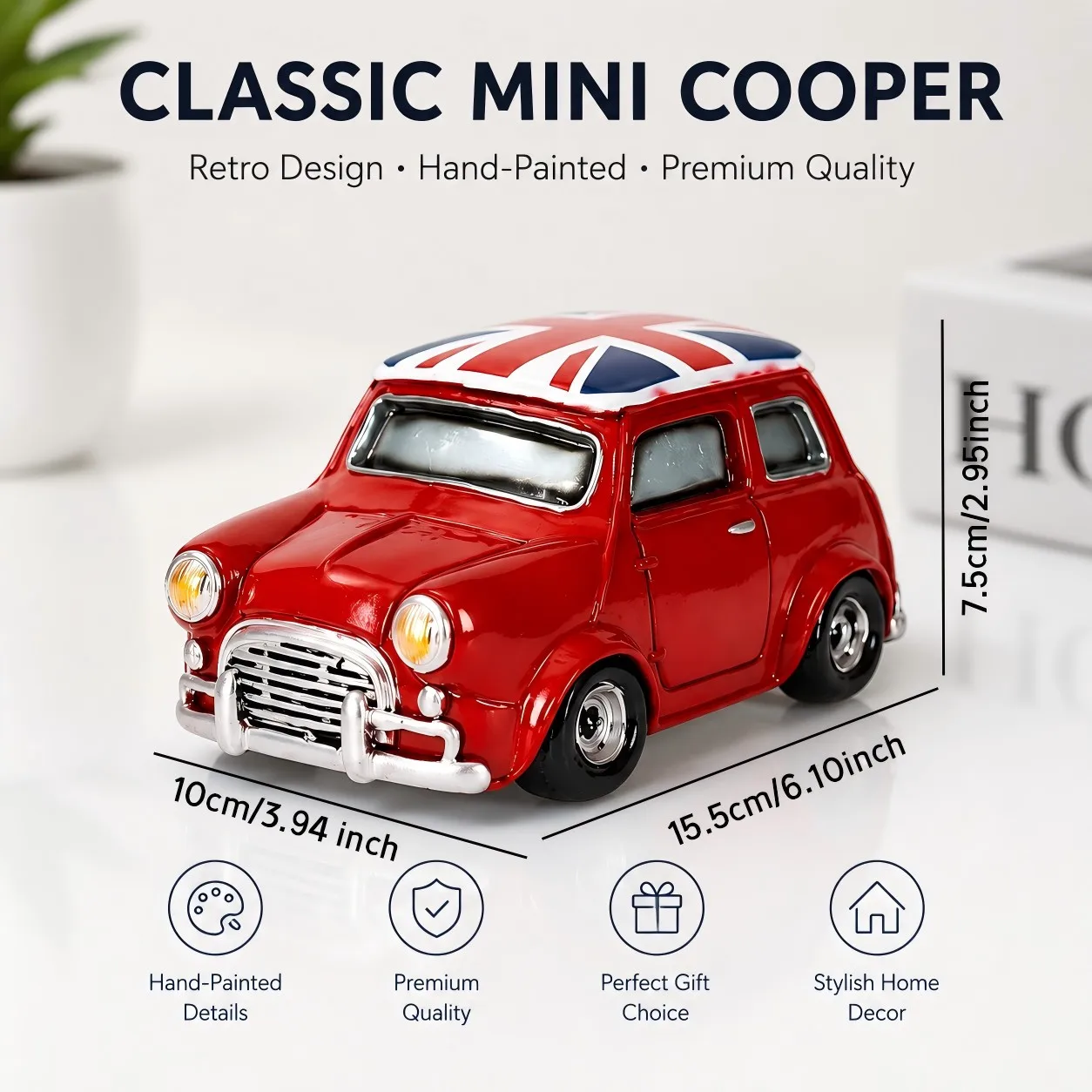 Vintage British Car Figurine Resin Ornament Union Jack Classic Car Piggy Bank Retro Desktop Decor Home Office Birthday Gift