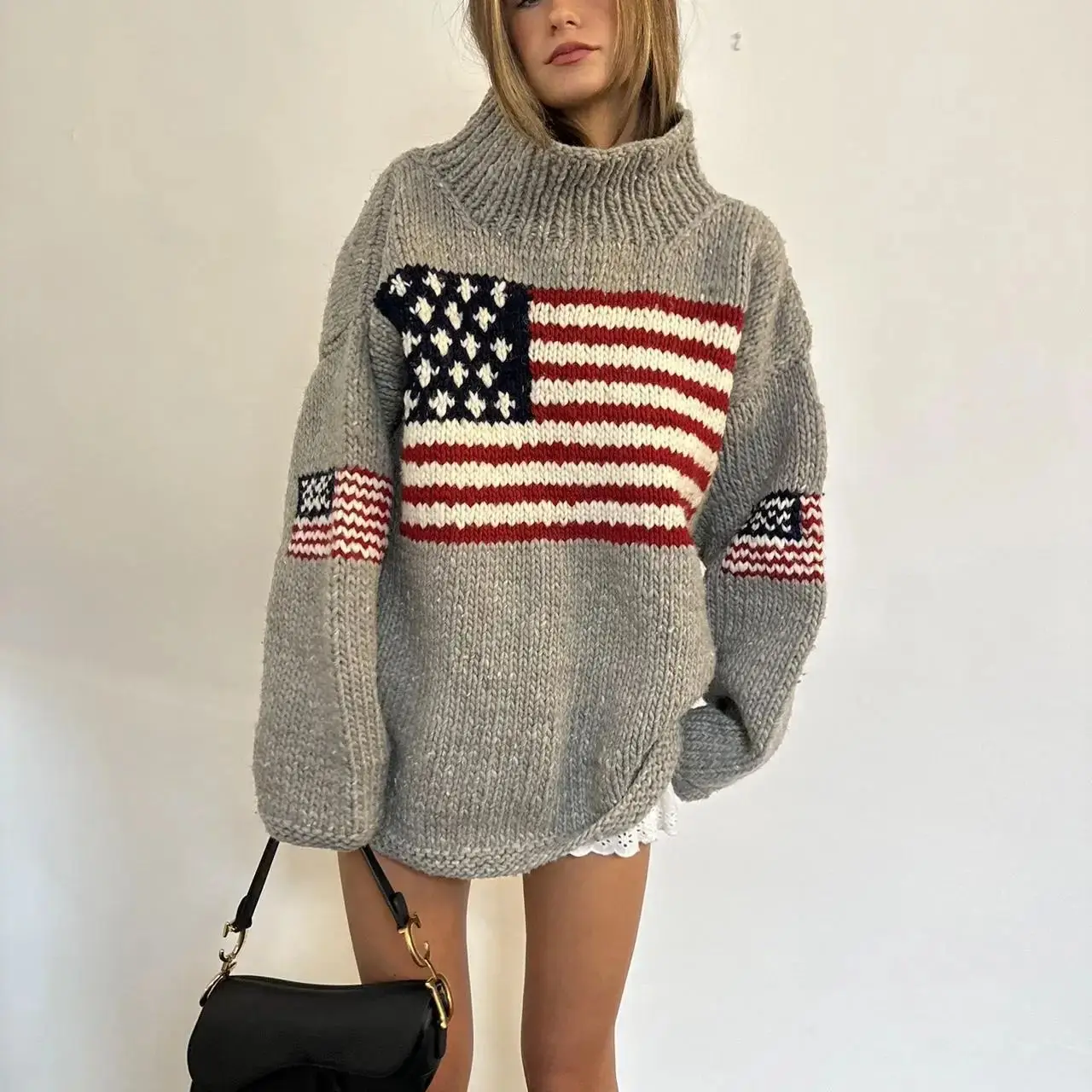 Harajuku Retro Y2K Sweater Vintage wanita, Pullover rajutan leher tinggi lengan panjang bendera AS