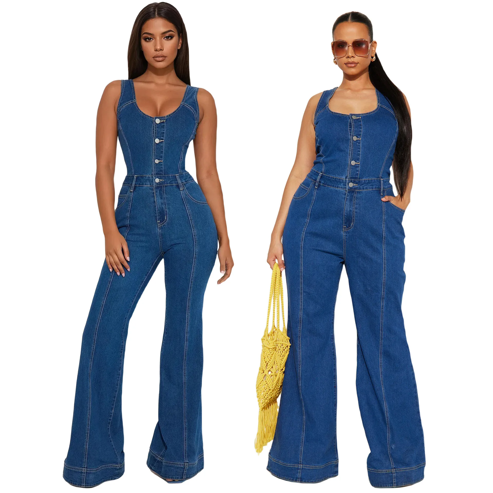 

Summer 2025 Women's Fashion Casual Sexy Denim Jumpsuit Flared Pants Trendy Streetwear for Ladies