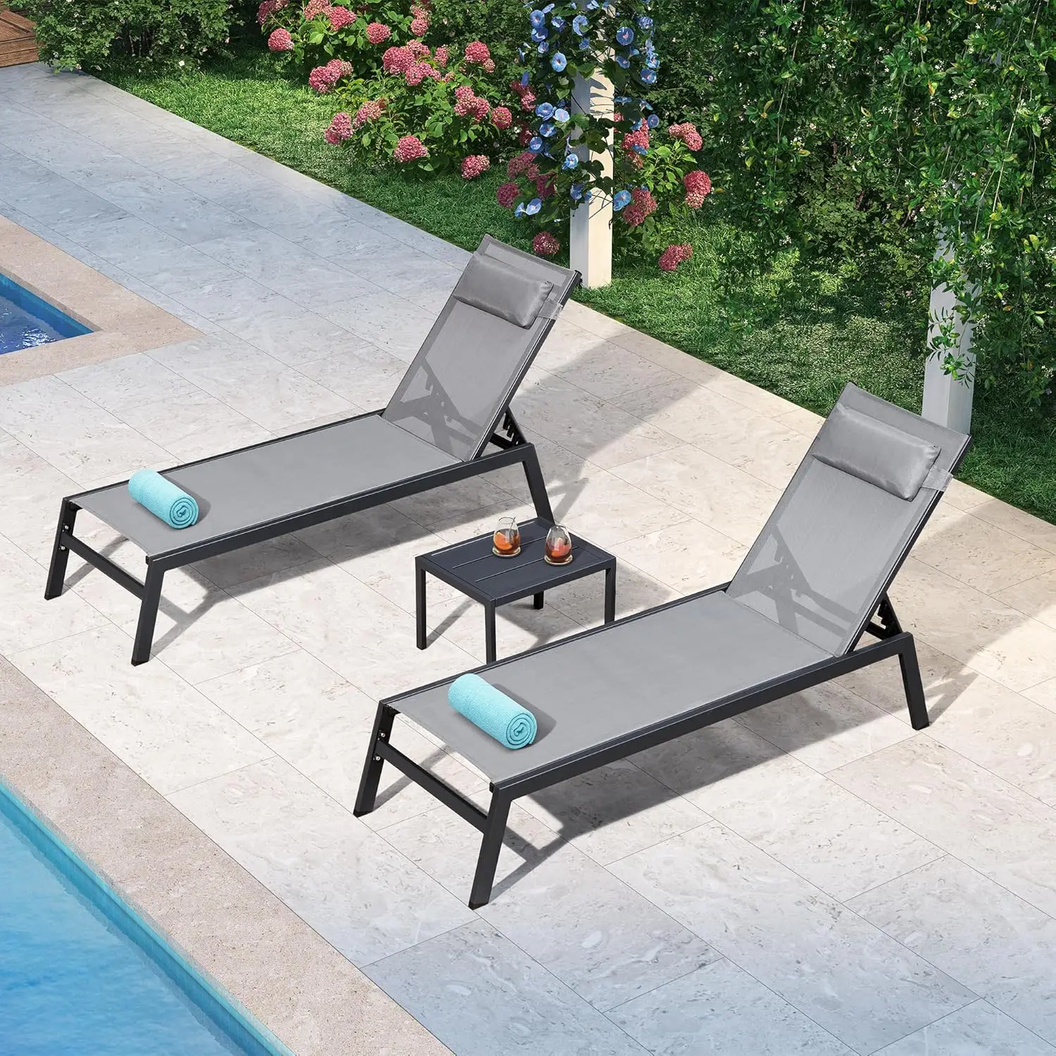 

Outdoor Lounge Chair Set Aluminum Patio Chaise Lounger Side Table Pillow for Outside Pool Beach Sunbathing Tanning Recliner Grey