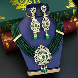 Sunspicems Arabian Hand Bead Jewelry Set For Women Green Crystal Pendant Moroccan Imitation Pearl Necklace Long Drop Earring Set