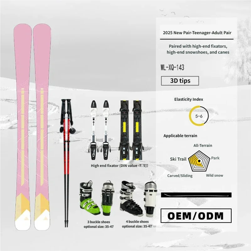 

High Elasticity All Terrain Adult Women's Double Ski Set Poplar Wood Spliced Core European Imported Panel 3D Tip