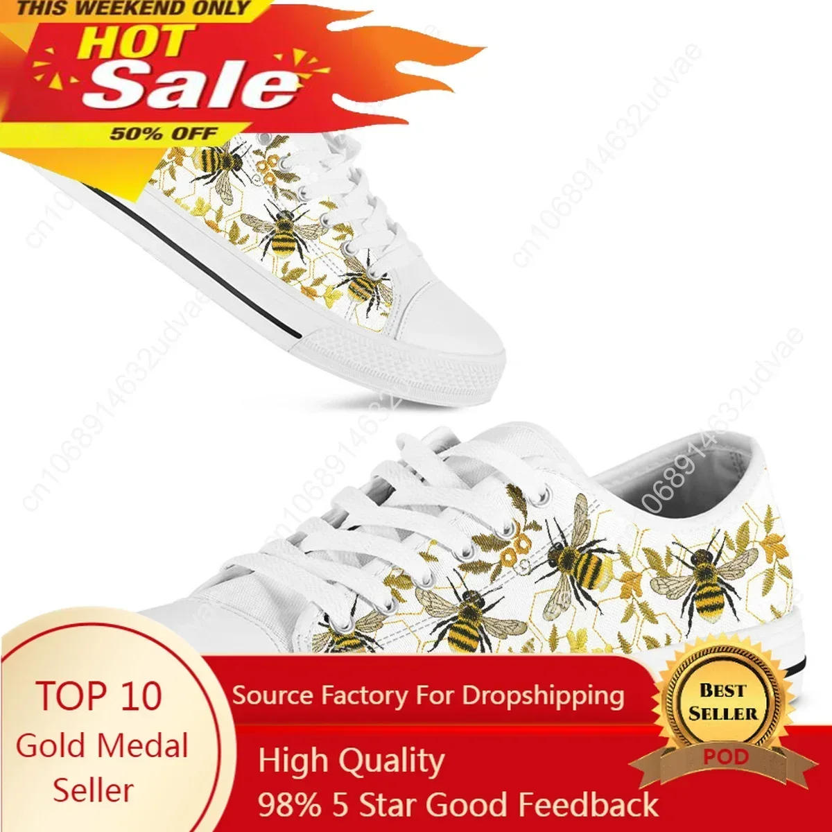 

Women Casual Flats Cute Bee Pattern Low Top Canvas Sneakers Lady White Flat Shoes Plus Size To 45/46