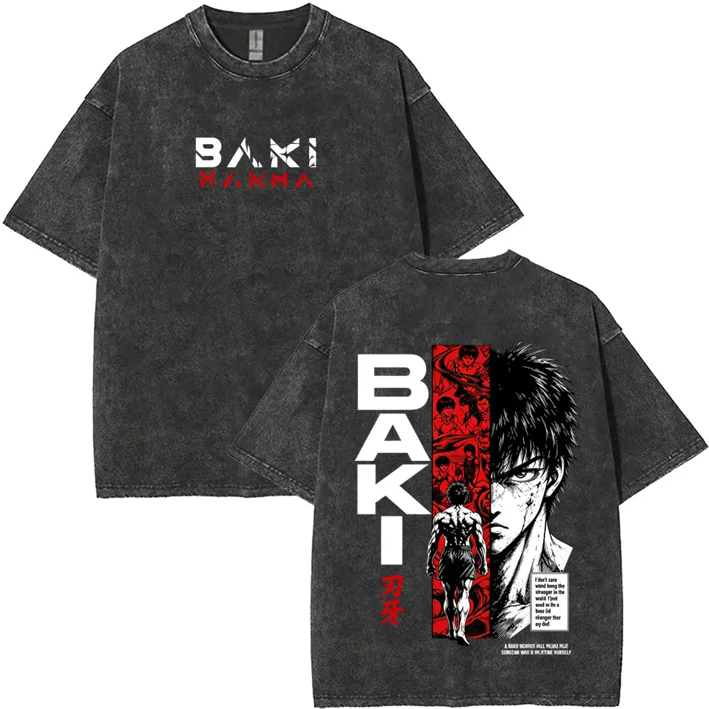 Washed Vintage Anime Baki The Grappler Baki Hanma T-shirt Men Women Fitness Gym Manga Retro T Shirts Men's Oversized T-shirts