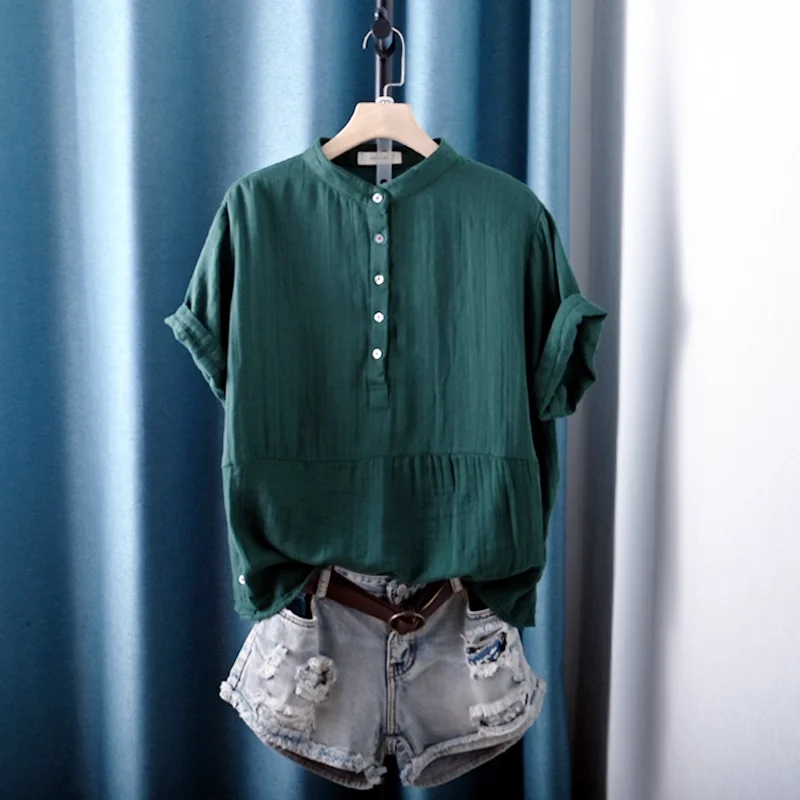 

Enianechu Middle Aged Women Clothes Japan Style Cotton Yarn Stand Collar Solid Shirts Short Sleeve Blouses Summer Tops