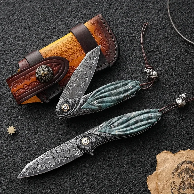 

Damascus Steel Blade Beautiful Handle Camping Outdoor Fishing Hunting EDC Folding Knife High Quality Men's Gift Tool Knife