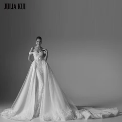 Julia Kui Customize Elegance Beading Appliques 2 In 1 Mermaid Wedding Dress Off Shoulder Sleeves Sweetheart Trumpet Bridal Gowns