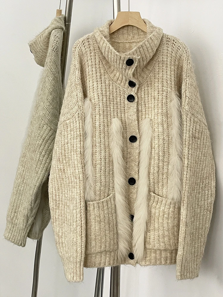 Nova moda primavera outono solto camisola feminina real pele de raposa cardigan roupas femininas botão oversized jaqueta de malha senhora