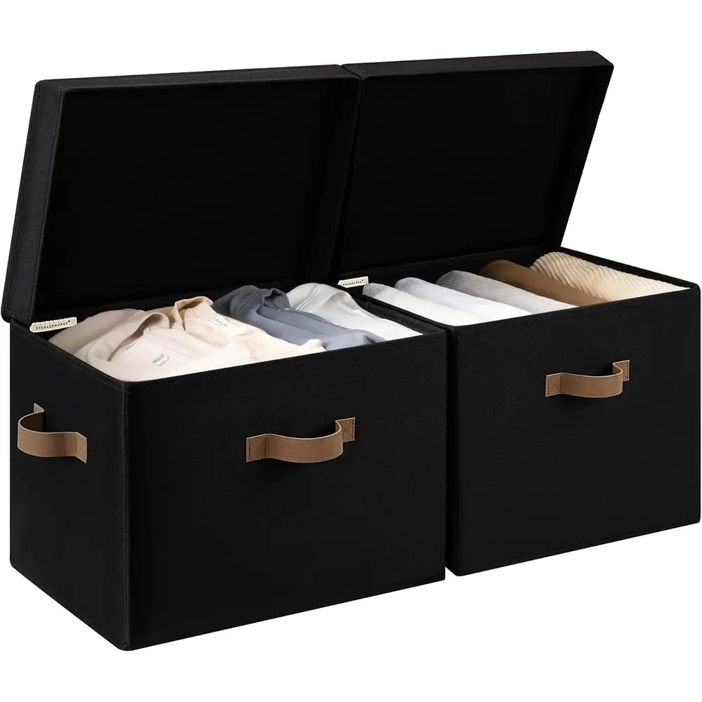 

Fabric Storage Bins with Lid, Decorative Storage Boxes for Shelves, Stackable Closet Organizer Basket with Handles, Jumbo, Black