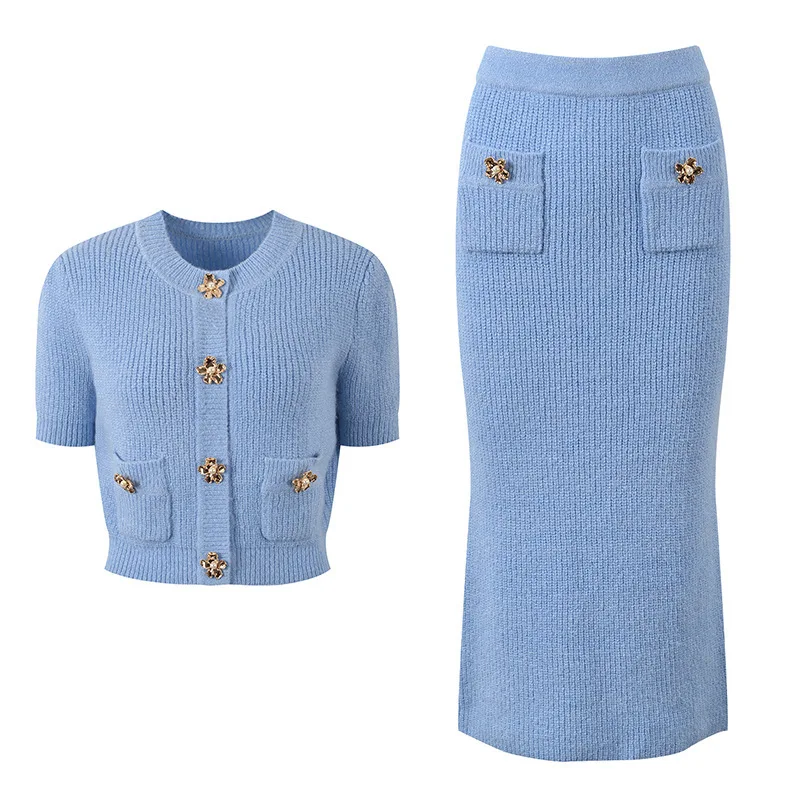 Luxury Designer Autumn Blue Knitted Two Piece Set For Women Diamonds Button Cardigans Long Pencil Skirts 2pcs Outfits