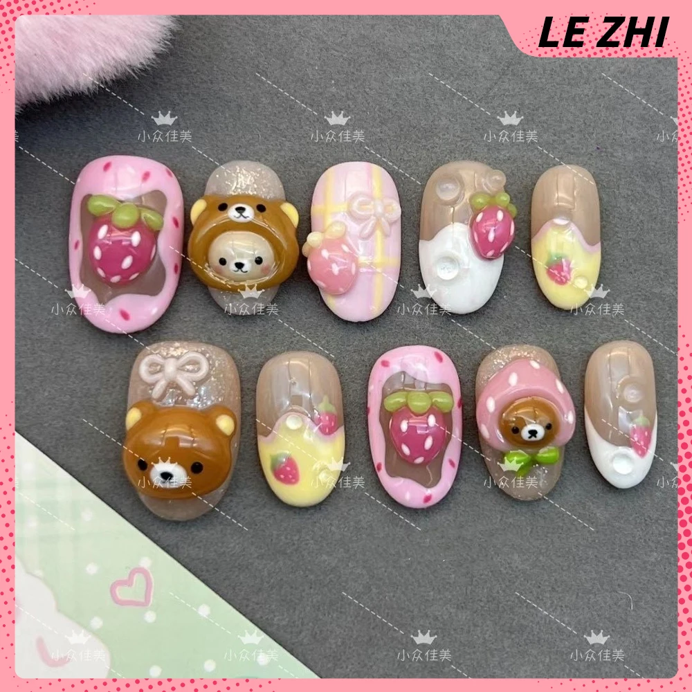 Kawaii 3D Anime Hello Kitty Teddy Bear Handmade Press On Nails Cute Dessert Bread Animals Short Square Round Detachable Nails